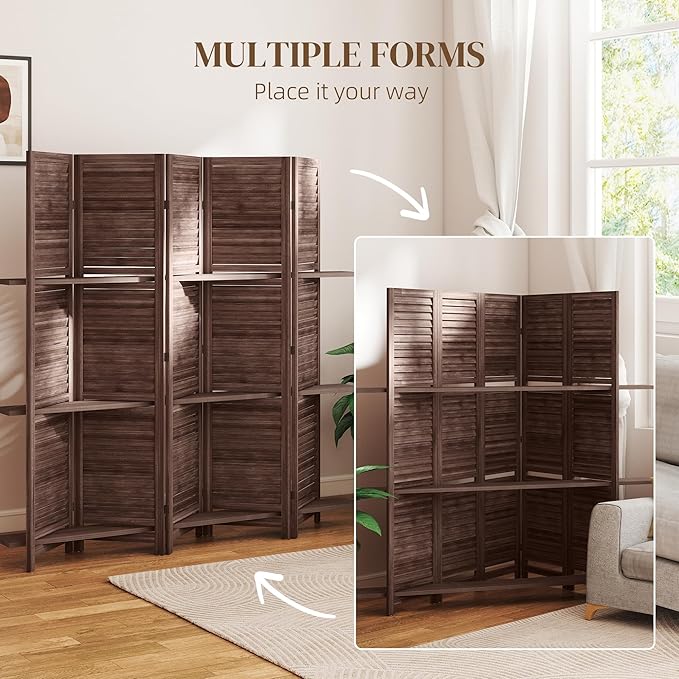 HOMCOM Room Divider, 5 Panel 67" Tall Wood Privacy Screen with 3 Display Shelves, and Folding Storage for Bedroom or Home Office, Walnut