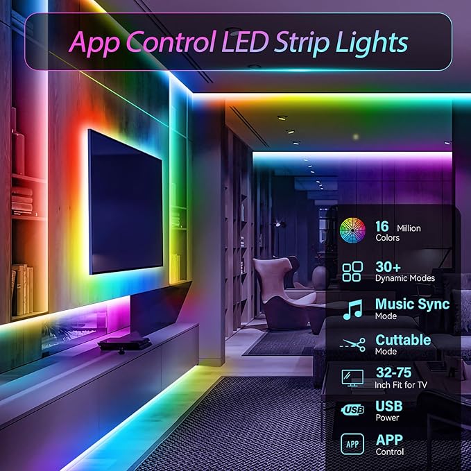 HOUHUI LED Strip Lights, 16.4Ft 150LEDs RGB LED Lights for 32-75 Inch TV Behind,Music Sync App Control TV LED Strip with Remote,USB Plug-in Bias LED Strips Lights for Bedroom Game Cabinet Desk Shelf