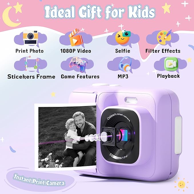 ETIKEZ Instant Print Camera for Kids, HD Digital Camera, Christmas Birthday Gifts for 4 5 6 7 8 9 10 Year Old Girls Boys, Portable Toy Camera with 32GB SD Card & 3 Rolls Printing Paper, Violet