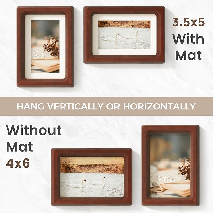 4x6 Picture Frame, USA-Sourced Natural Mahogany Wood Photo Frame with Tempered Glass, Handcrafted Rounded Corner 4 x 6 Wooden Frame Matted to 3.5x5 Photos, Wall or Tabletop Display