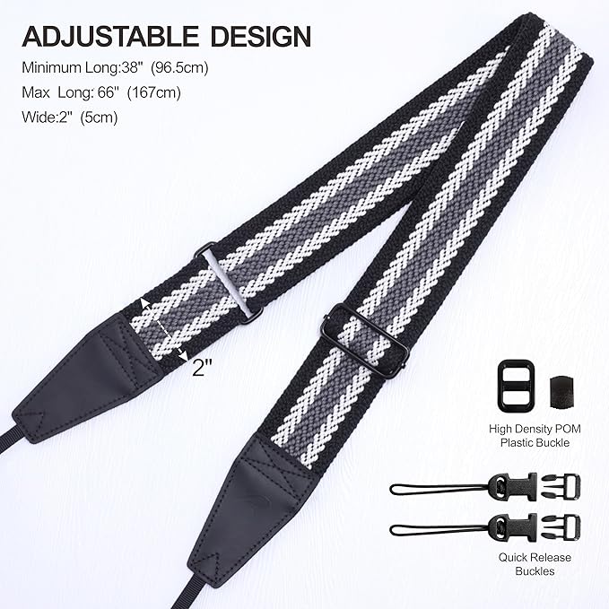 Padwa Lifestyle Adjustable Camera Strap - 2" Top Layer Cowhide Head Camera Straps for Photographers,Soft Cotton Rope Crossbody Strap with Quick Release fits All Cameras - Black Gray Stripes
