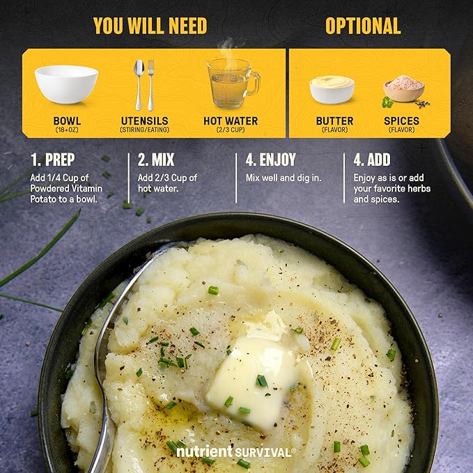 Nutrient Survival Potato Flakes, Powdered Vitamin Potato (4 Cans, 30 Servings per Can) for Mashed Potatoes, Soups, Emergency Food Supply & Camping Supplies, 38 Nutrients, Shelf Stable Up to 25 Years