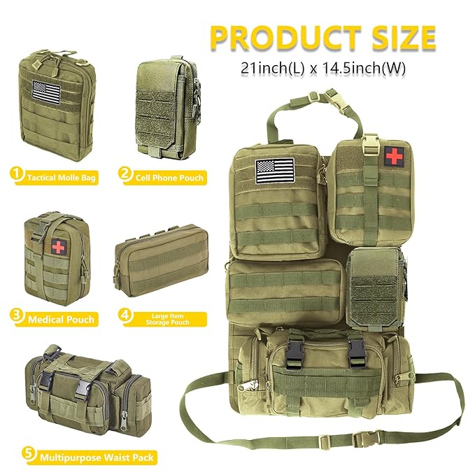 Universal Tactical Car Seat Back Organizer Bag Tactical Molle Vehicle Organizers Panel Gear Accessories with 5 Different Size Molle Pouches for Car Truck Ford Jeep Vehicle (A style-Military green)