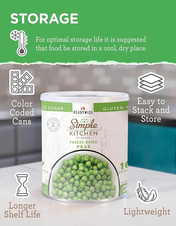 Simple Kitchen Freeze Dried Peas - 17 Servings for Family Meal Prep, Gluten Free & Dehydrated Just Add Water Canned Food, Emergency Survival Food for Camping Meals, Backpacking & Hiking, #10 Can