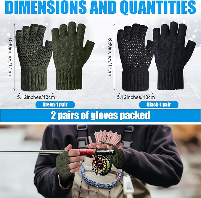 Geyoga 2 Pairs Wool Fingerless Fishing Gloves for Men Women Anti-Slip with Grip Dots Warm Winter Fly Ice Fishing Gloves