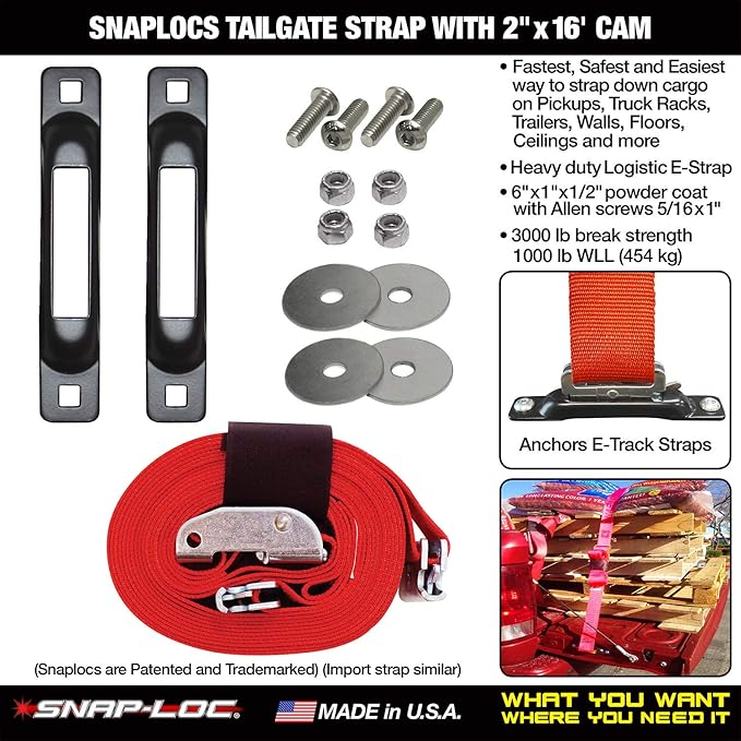 SNAPLOCS Tailgate Strap with CAM 2" x16' E-Strap System for Trucks and Trailers