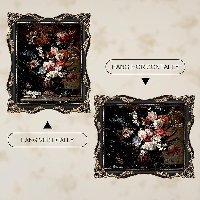 Black 11x14 Vintage Picture Frame with Mat for 8x10 or 11x14 Photos, Real Glass, Gothic Ornate Baroque Victorian Frames for Wall Hanging