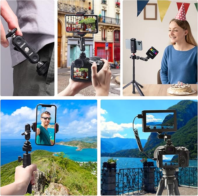 R098 Cold Shoe Monitor Mount, 1/4" Rotatable Dual Ballhead Hot Shoe Mount Microphone Fill Light Camera Monitor Swivel Bracket Compatible with DJI OSMO 360/Pocket 3/Insta 360 x 5/Sony/Canon/Nikon /Fuji