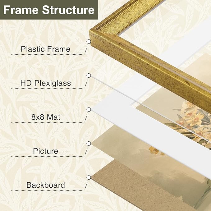 Vittanly 12x12 Picture Frame Set of 4, Vintage Photo Frame for Wall or Tabletop, Display 8x8 Pictures with Mat or 12x12 without Mat, Rustic Farmhouse Home Decor, Gold