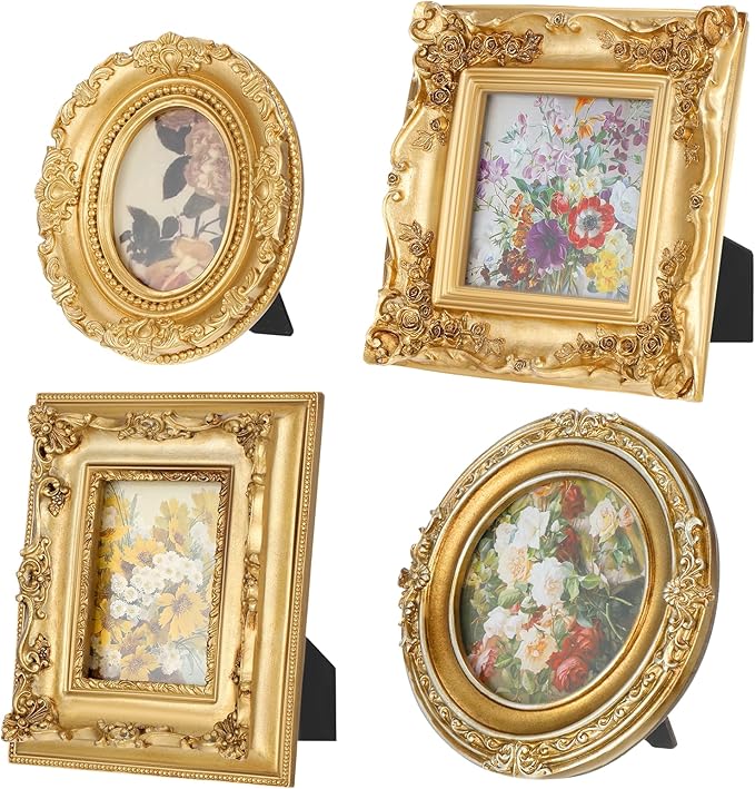 4 PCS Gold Vintage Photo Frame, Small Gold Picture Frames, Mini Ornate Frames, Vintage Picture Frame with Stand for Tabletop Display Christmas DIY Photo-5.5" X 4.7",5.5",3.7" X 4.3",6.3"