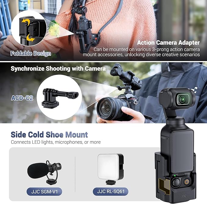 JJC Expansion Adapter Mount for DJI Osmo Pocket 3, Pocket3 Protective Accessories Cage Bracket, with Action Camera Port & Cold Shoe Mount on Tripod Selfie Stick Shooting