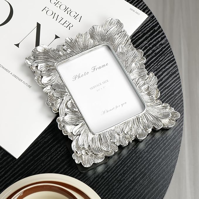 Cuspin Silver 3x5 Picture Frame, Vintage Silver Palm Leaves Textured Hand-Crafted Resin with Glass Front, Small Frames Elegant Wedding Frame for Wall Hanging and Tabletop Display