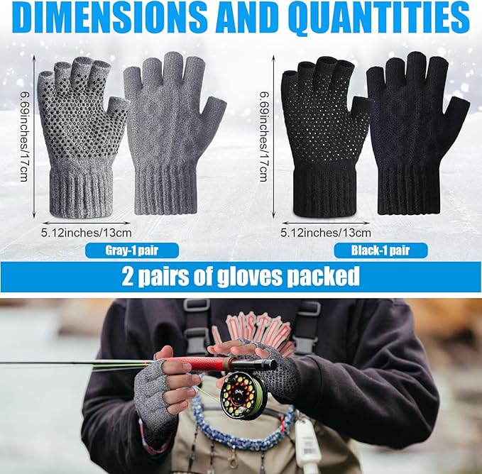 Geyoga 2 Pairs Wool Fingerless Fishing Gloves for Men Women Anti-Slip with Grip Dots Warm Winter Fly Ice Fishing Gloves