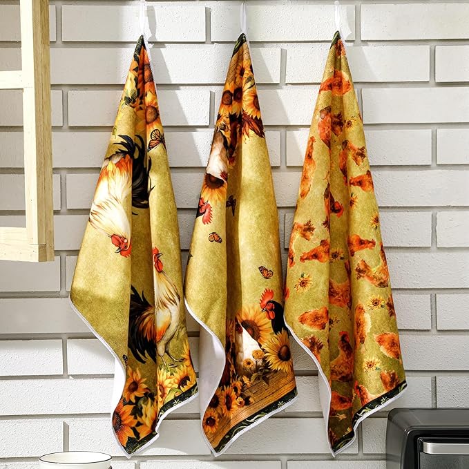 6 Pcs Farmhouse Kitchen Towels Rooster Dish Towels Cock Dishcloths Sunflower Retro Hand Cloths Rustic Cock Mom Gifts for Kitchen Christmas Bathroom Decor Housewarming Gift