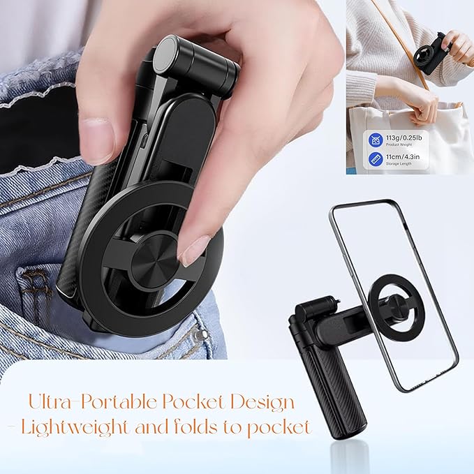 4-in-1 Multifunctional 360° Rotation Magnetic Selfie Stick for iPhone/Android - Portable Extendable Tripod with Detachable Remote, Universal Phone Mount & Metal Ring (Magnetic)
