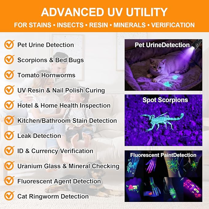 6 Pack 2-in-1 UV Flashlight & White Light, High Lumens Mini Flashlight, Portable Black Light for Pet Urine Detection, Resin Curing, AC Leak, Camping, and Everyday Use