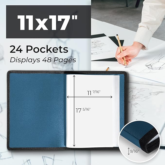 Dunwell 11x17 Art Portfolio Binder with Black Mounting Paper (Blue), Large Portfolio Folder for Artwork Storage, 24 Plastic Sleeves, Displays 48 Pages, Acid-Free Poly 11 x 17 Presentation Book