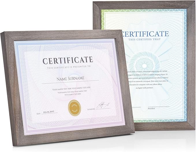 Emfogo Picture Frames 8.5 x 11 Certificate Frames Diploma Frame with Stand Rustic Wood Document Frames with High Definition Glass for Wall or Tabletop Display Set of 2 Weathered Grey