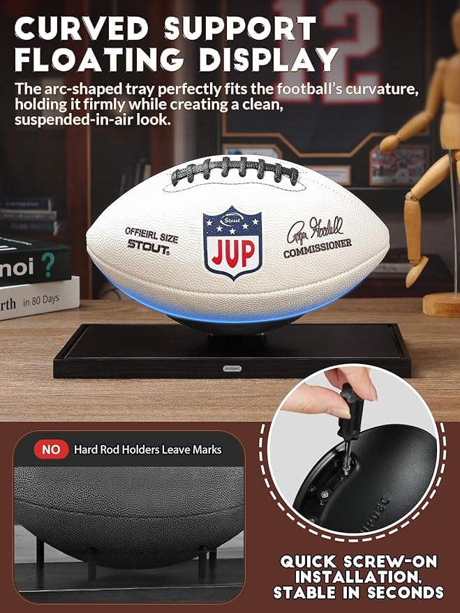 JupDec Football Display Case Full Size, Upgraded Clear Acrylic Box with Curved Cradle Holder & Solid Wood Base, Fits All Football Sizes, UV Protected Memorabilia Display for Collectors, Black