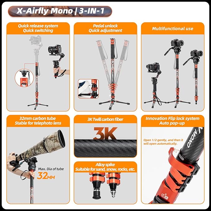Fotopro 73" 3-in-1 Carbon Fiber Monopod with Pedal, Carbon Fiber Travel Monopod with Feet Max Load 22lbs for DSLR Camera Stabilizer Videography Kit, X-Airfly Mono Orange