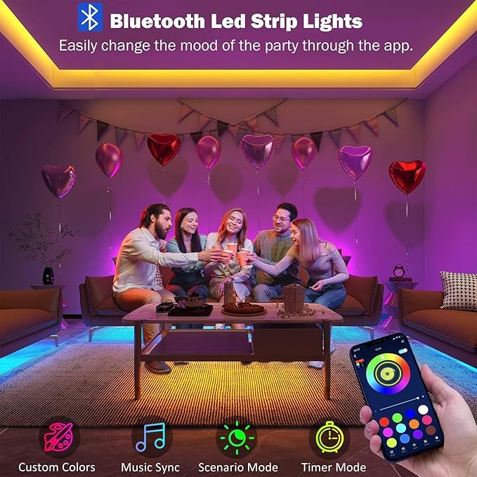Leeleberd 50ft Led Lights for Bedroom, Bluetooth Smart APP Control RGB Color Changing Led Strip Lights with Remote Control and Power Adapter Led Lights for Room Kitchen Party Home Decoration