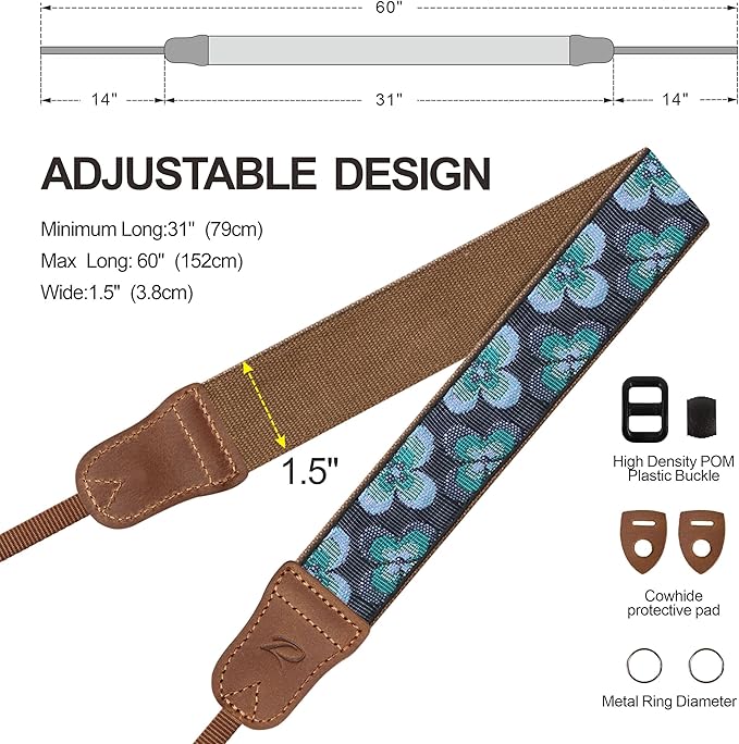 Padwa Lifestyle Camera Strap - 1.5" Crazy Horse Cowhide Head Cotton Strap,Vintage Embroidery Camera Straps for Photographers,Cameras,Binoculars,Cute Adjustable Shoulder Neck Strap for Adults & Kids