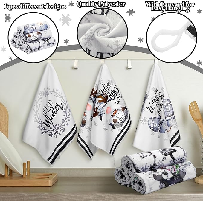 Preboun 6 Pcs Hello Winter Kitchen Towels Snowman Gnome Dish Snowflake Tea Christmas Hand Drying Towels Baking Cooking Cloth for Kitchen Bathroom Decor