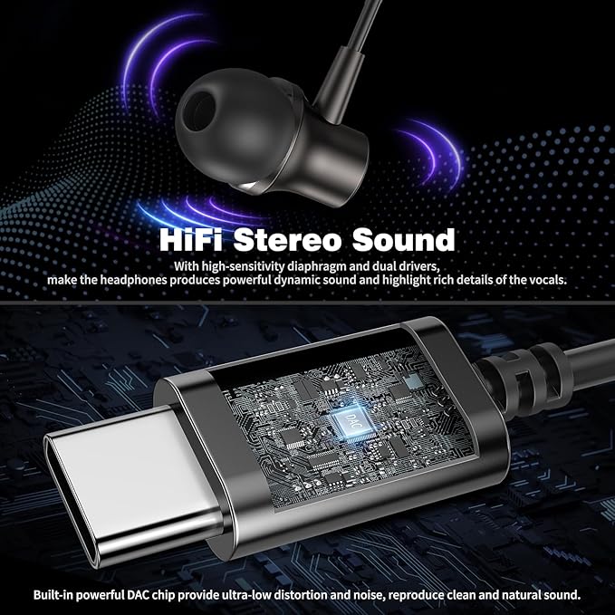 COOYA USB C Headphones Type C Wired Earbuds for iPhone 17 16 Pro 15 iPad 10 Air 6 Pixel 9 8a Magnetic Bass Noise Canceling in-Ear Earphones+Mic for Samsung Galaxy S25 Ultra A16 S23 A35 for OnePlus 13