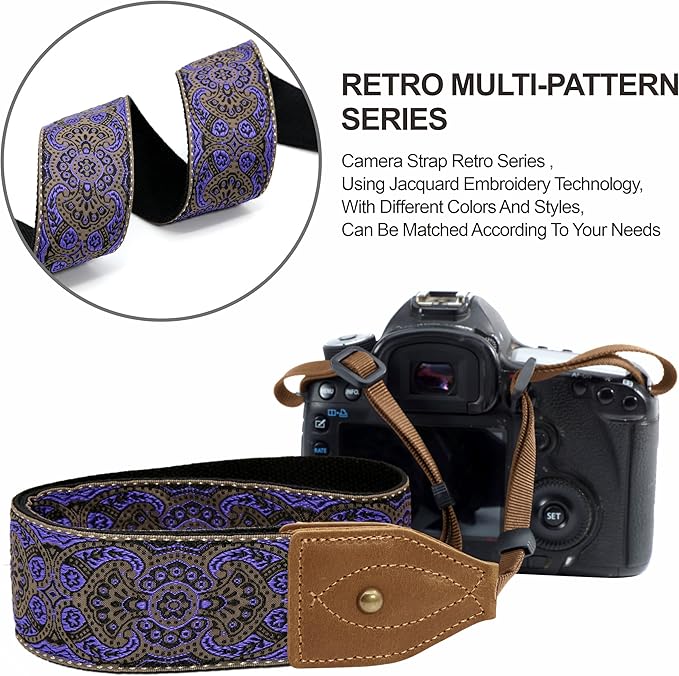 Padwa Lifestyle 2" Wide Classic Crazy Horse Art Cowhide Head Camera Strap - Jacquard Embroidery Floral Vintage Camera Straps for Photographers Gift, Adjustable Shoulder Neck Strap Fits DSLR Cameras