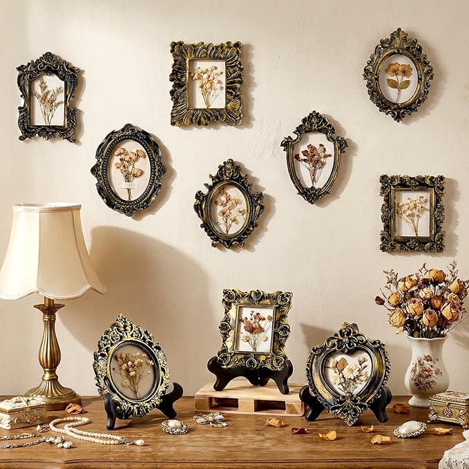 Tatuo 20 Sets Mini Picture Frames and Display Stands Vintage Resin Picture Frame Resin Holder for Home Office Bedroom Living Room Wedding Decor (Black and Gold)
