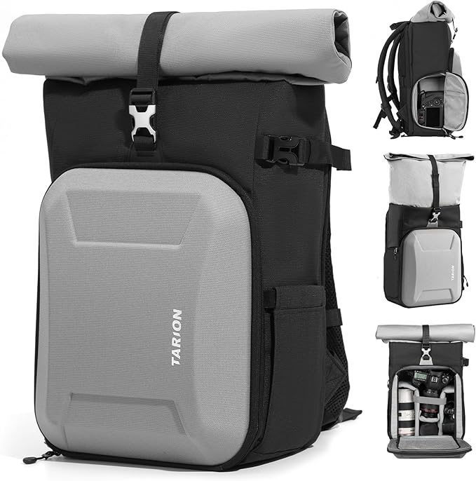 TARION Hardshell Large Camera Backpack - Expandable Camera Bag for Photographers with 16" Laptop Compartment & Side Access & Rain Cover(XH Silver)