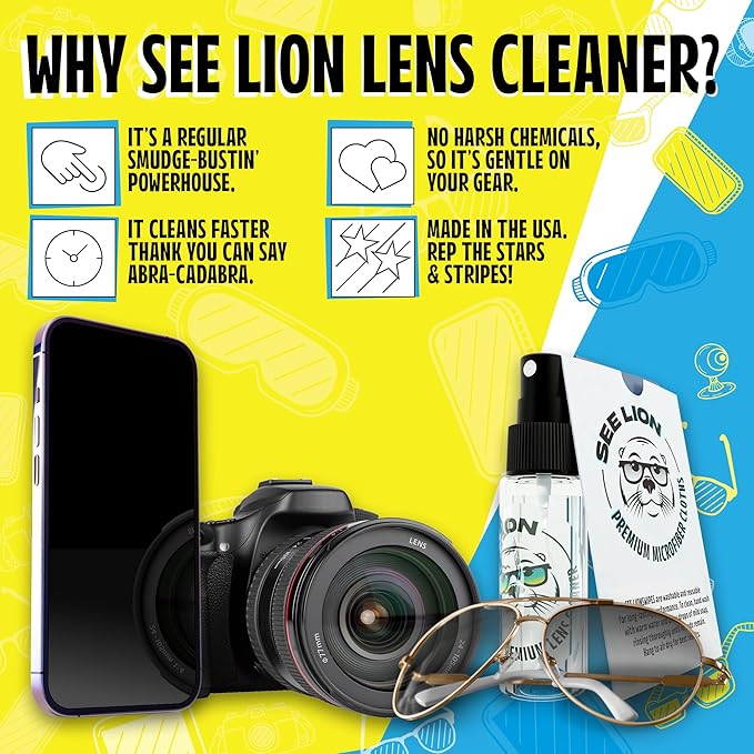 See Lion Premium Lens Cleaner Kit | Safe for Glasses, Camera Lenses, Screens, and Optics - Streak-Free Formula with Microfiber Cloth | 30ml / 1oz Travel Size