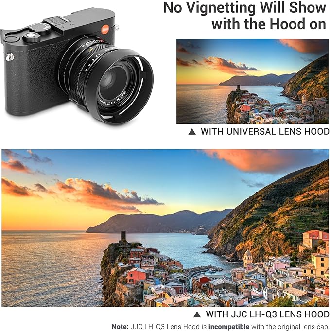 JJC Metal Lens Hood Shade for Leica Q3 43/Q3/Q2/Q Cameras, Replaces Leica Round Lens Hood Q, with 49mm Center Pinch Snap-On Lens Cap, No Vignetting
