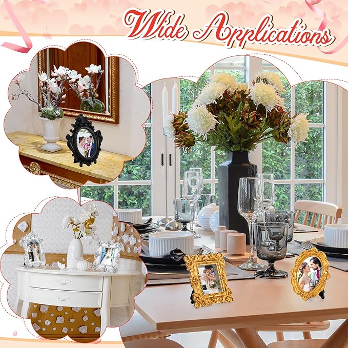 Maitys 15 Pcs Mini Picture Vintage Frames with Stands Tiny Antique Photo Baroque Ornate Resin Oval Frame Table Top Display Home Wedding Decor (Multicolor)