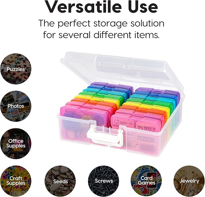 IRIS USA 4" x 6" Photo Storage Box Craft Keeper, Transparent Handle Container with 16 Organization Holder Cases for Pictures, Tasks, Scrapbooking, Ephemera, Stationery Storage, Multi-Color/Clear