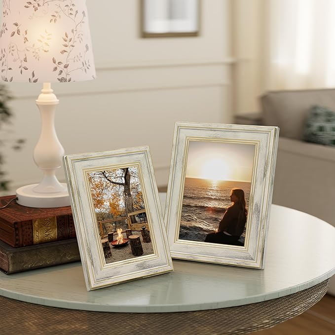 Vittanly 5x7 Picture Frame Set of 4, Vintage Photo Frame for Wall or Tabletop, Display 5x7 Pictures, Rustic Farmhouse Home Decor, Distressed White