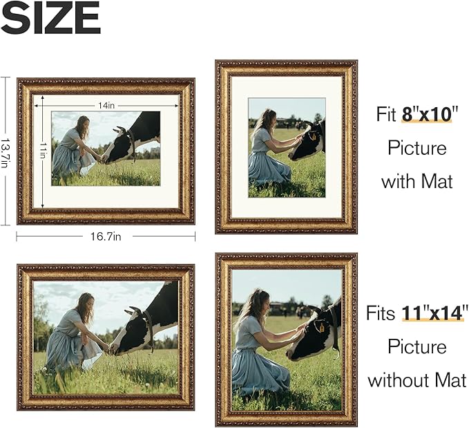 11x14 Gold Picture Frame, Ornate Vintage Picture Frames for Wall or Tabletop Display, 11 x 14 Photo Frame Gold with Real Glass, Display Poster 8x10 with Mat or 11x14 without Mat for Antique Déco
