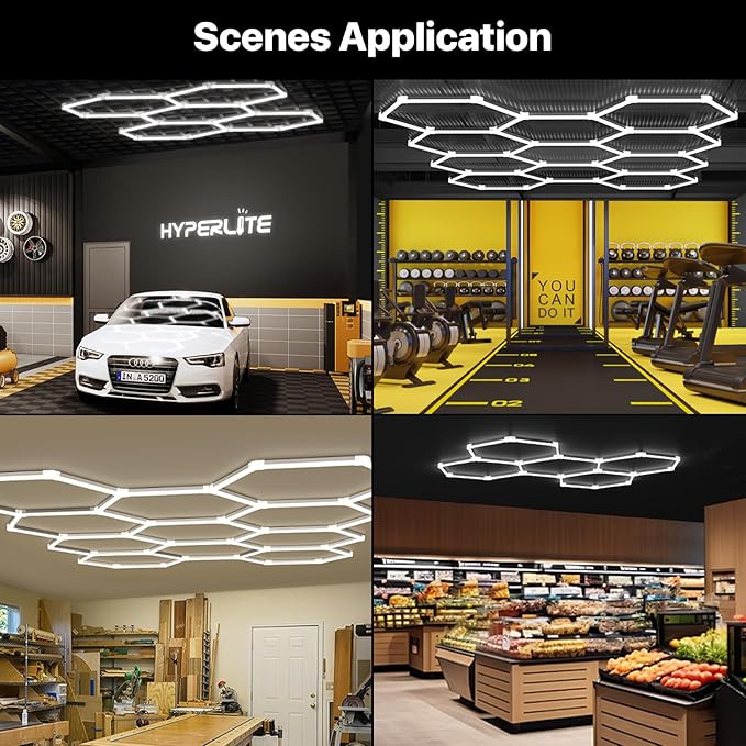 HYPERLITE Gen 2 Hexagon Garage Lights: 581W 58100LM 22 Grids Hexagon Led Light, 6500K Ultra Bright Honeycomb Hex Lights, Easy Install, Durable Design for Garage, Car Detailing, Workshops, Shops, Gym