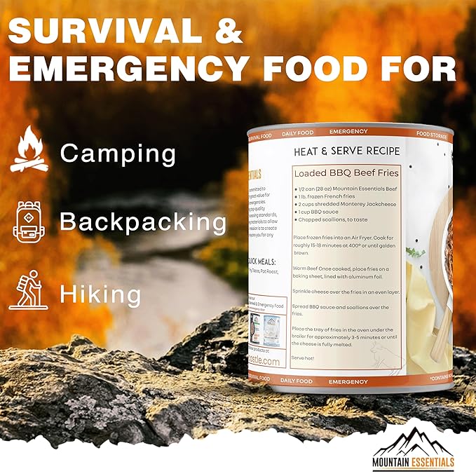 MOUNTAIN ESSENTIALS All Natural Canned Beef 28 Oz – Fully Cooked, Ready to Eat, Gluten Free – Canned Meat for Daily Use, Emergency, Survival & Camping – 5-Year Shelf Life – Made in USA – Pack of 12