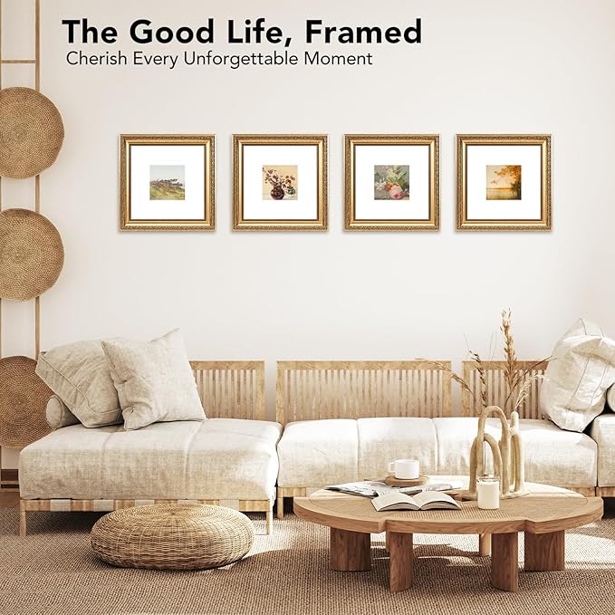 8x8 Vintage Picture Frame with 4x4 Mat Set of 2, Elegant Retro 8 by 8 Photo Frame with Shatter-Resistant Plexiglass for Wall or Tabletop Display, Gallery Decor & Gift, Gold, 2 Pack