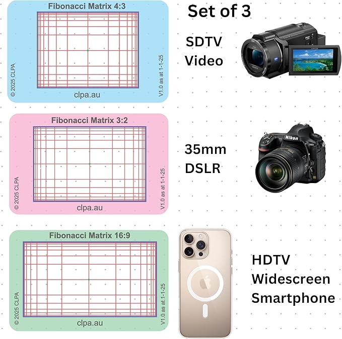 CLPA Fibonacci Matrix Viewfinder: Credit Card-Sized Composition Grids for Video, Photography & Art in 4:3, 3:2, & 16:9