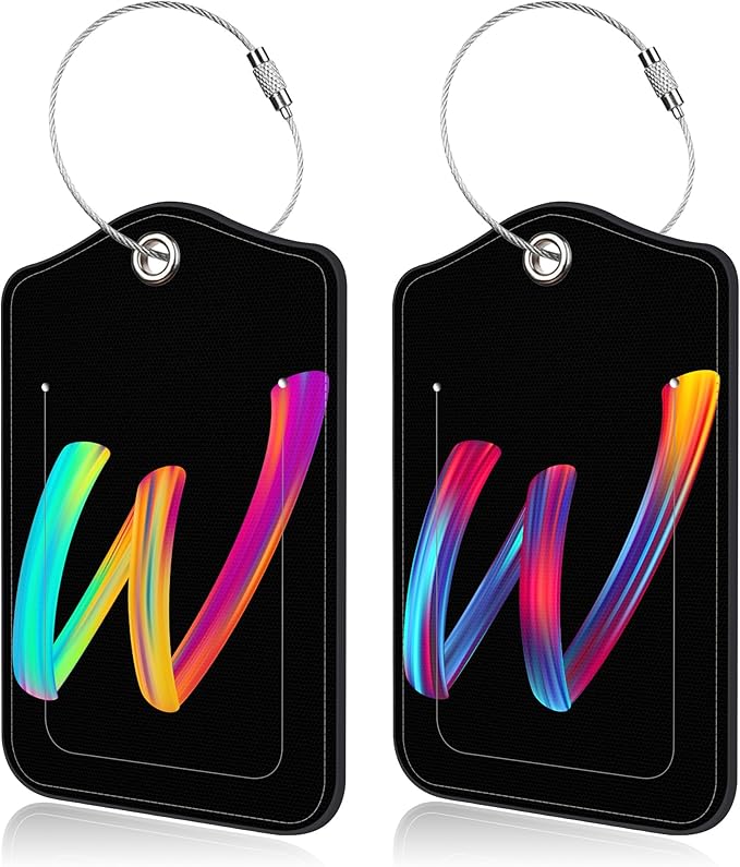 Luggage Tags for Suitcase,2 Pack Neon Colorful Letters Luggage Tags,Leather Baggage Tags Identifiers with Privacy Name Address Labels and Metal Loop for Women Men Girls Travel,Letter W