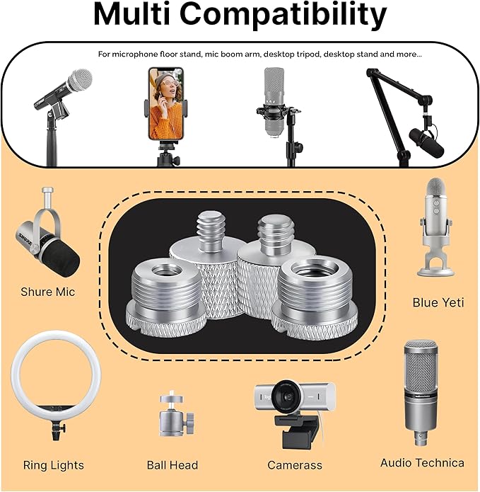 IXTECH Mic Stand Adapter Set 8 pieces Metal Microphone Stand Screw Thread Adapter 5/8 Female to 3/8 Male 3/8 Female to 5/8 Male 5/8 Female to 1/4 Male 1/4 Female to 5/8 Male Tripod Adapter ADP03A Slvr