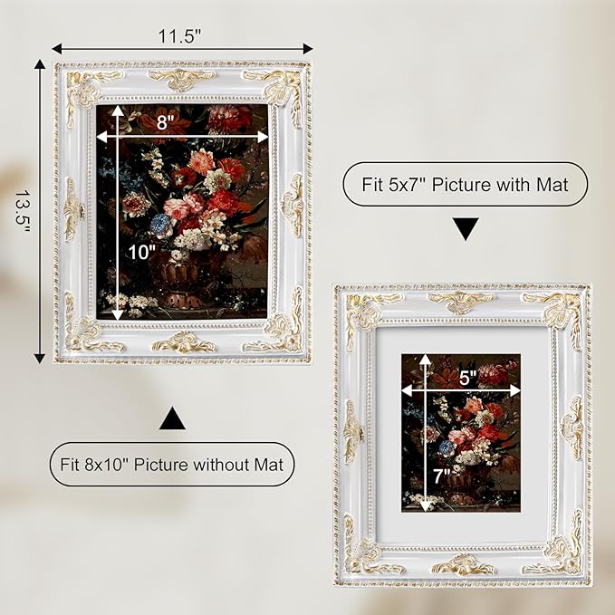 8x10 White Picture Frame Vintage Antique Gothic Baroque Design with Mat for 5x7 or 8 x 10 Photos, Wall or Tabletop Display, Retro Home Decor Accent for Weddings & Family Photos
