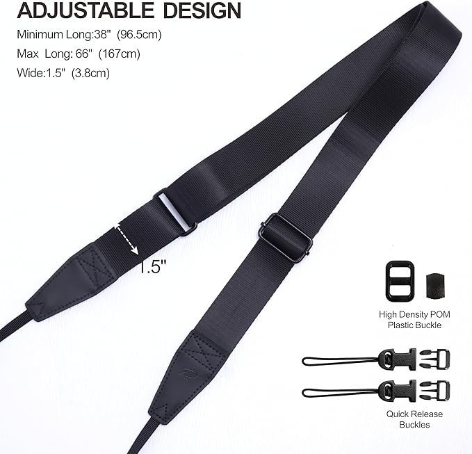 Padwa Lifestyle Black Adjustable Camera Strap - 1.5" Top Layer Cowhide Head Camera Straps for Photographers, Nylon Adjustable Neck Shoulder & Crossbody Strap Quick Release for All Cameras