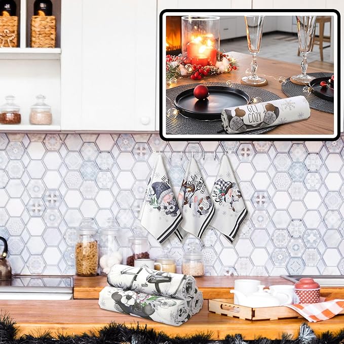 Preboun 6 Pcs Hello Winter Kitchen Towels Snowman Gnome Dish Snowflake Tea Christmas Hand Drying Towels Baking Cooking Cloth for Kitchen Bathroom Decor