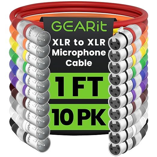 GEARit XLR Male to Female Microphone Cable (1 Feet, 10 Pack) 3-Pin Balanced Shielded Mixer, Recording Studio, Podcast - Multi Colored