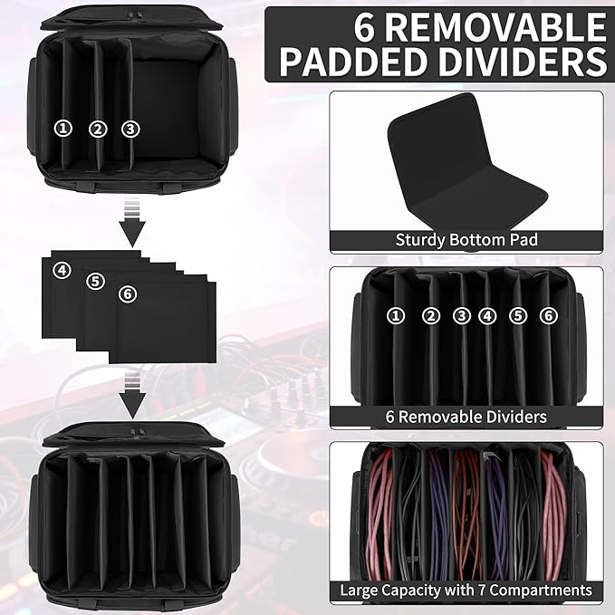 DJ Cable File Bag with 6 Detachable Dividers High Capacity Gig Cable Bag for Cords,DJ Gear,Sound Instrument and Accessories, Black