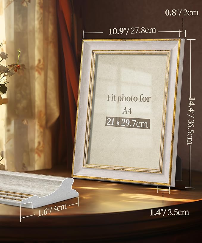 Afuly A4 Picture Frame White Gold Vintage Elegant Retro Antique Distressed Unique Wall Hang Desktop Photo Display Home Decor Anniversaries Birthday Gifts for Women Mom Grandma Parents