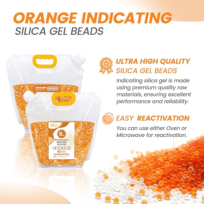 Silica Gel Desiccant Beads – Reusable Desiccant Bulk 3mm Beads for 3D Filament, Electronics, Cameras, Jewelry, and Safes (Orange White MIX, 9 LBS)